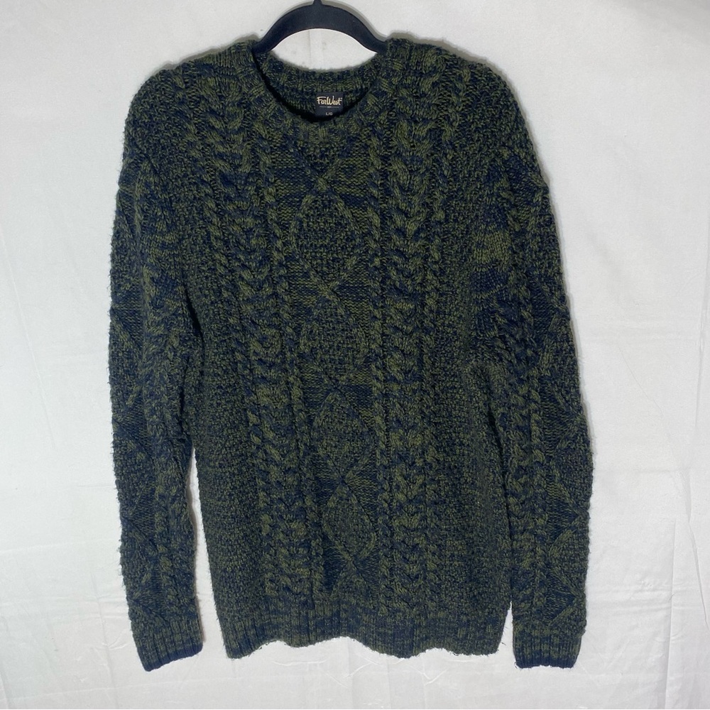 Far West Green & Navy Blue Cable Knit Crew Neck Pullover Sweater L